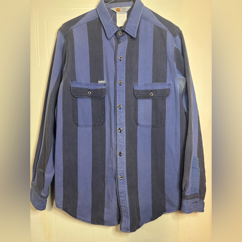 Vintage Men’s Carhartt Button Long Sleeve Blue And Grey Block Stripes Medium